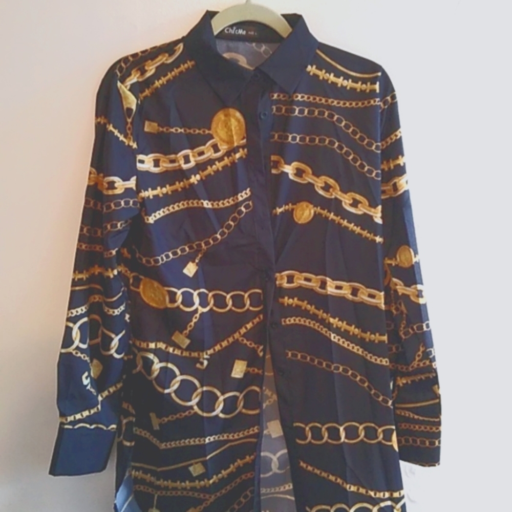 gold chain black long sleeve dress Shirt